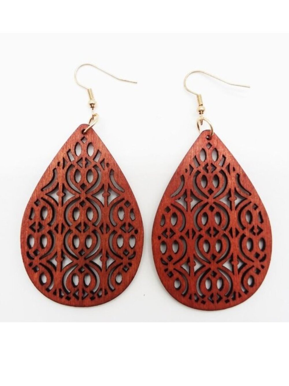 Ornate Earrings Wood Hollow Cut Dangle Boho Carved Hippie Trendy Large Hindu Fun
